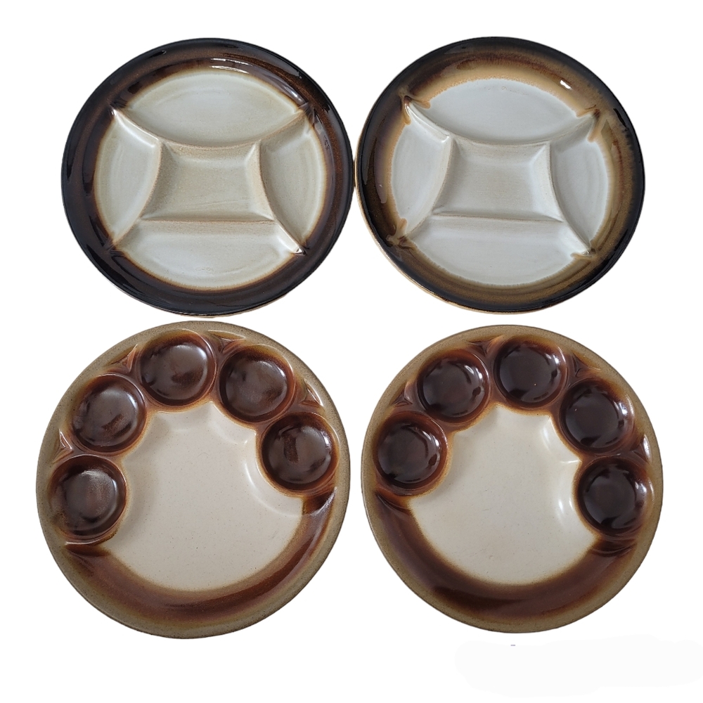 Set of 4 vintage Beauce Canada beige and brown fondue plates